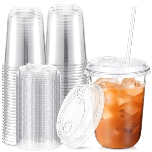 Round Bottom Plastic Cups with Strawless Sip Lids Disposable PET Cups with Straw Slot Lids for Iced Coffee Cold Beverage Smoothie Drink Shops and Party Catering () view 6