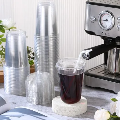 Round Bottom Plastic Cups with Strawless Sip Lids Disposable PET Cups with Straw Slot Lids for Iced Coffee Cold Beverage Smoothie Drink Shops and Party Catering () view 7