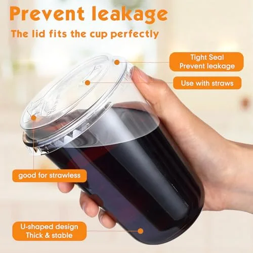 Round Bottom Plastic Cups with Strawless Sip Lids Disposable PET Cups with Straw Slot Lids for Iced Coffee Cold Beverage Smoothie Drink Shops and Party Catering () view 8