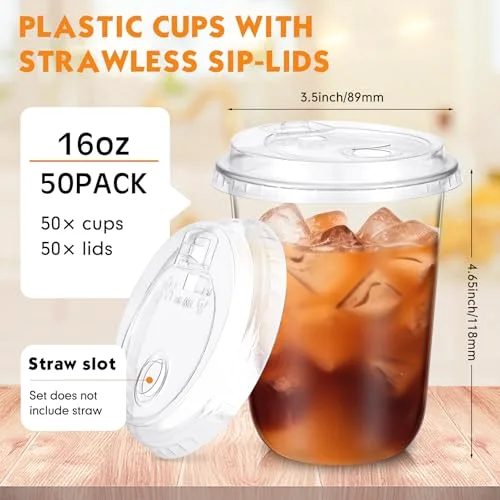 Round Bottom Plastic Cups with Strawless Sip Lids Disposable PET Cups with Straw Slot Lids for Iced Coffee Cold Beverage Smoothie Drink Shops and Party Catering () view 9