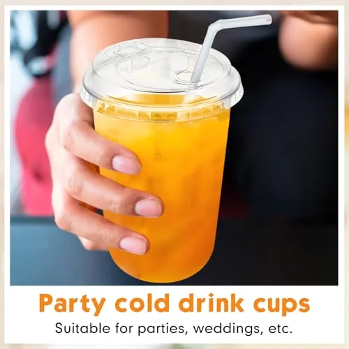 Round Bottom Plastic Cups with Strawless Sip Lids Disposable PET Cups with Straw Slot Lids for Iced Coffee Cold Beverage Smoothie Drink Shops and Party Catering () view 10