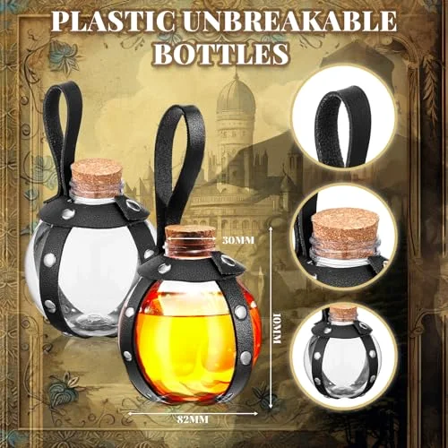 Plastic Potion Bottles with Cork Witch Cosplay Accessories Wizard Potions with Leather Belt Holder Spell Jar Witch Bottles Renaissance Accessories for Women Men Costume( Rivet) view 2
