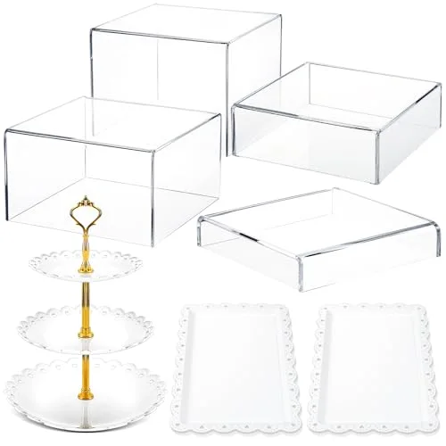 Buffet Risers with Cupcake Stand Holder Serving Tray, Food Risers for Buffet Table, Display Stand Catering Dessert Collectibles, Acrylic Cube Boxes Nesting for Party (Transparent)