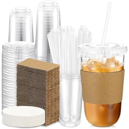 Plastic Coffee Cups with Leak-proof Paper, Cup Sleeves, Lids, and Straws, Disposable PET Cups for Iced Coffee, Cold Drinks, Juice, Smoothie, Milkshake, Cafes, Party() view 6