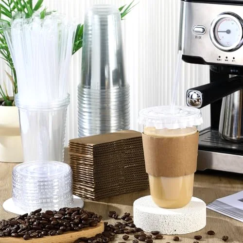Plastic Coffee Cups with Leak-proof Paper, Cup Sleeves, Lids, and Straws, Disposable PET Cups for Iced Coffee, Cold Drinks, Juice, Smoothie, Milkshake, Cafes, Party() view 7