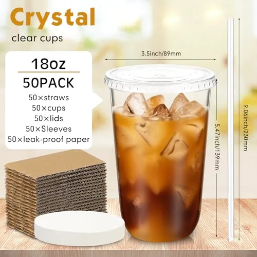 Plastic Coffee Cups with Leak-proof Paper, Cup Sleeves, Lids, and Straws, Disposable PET Cups for Iced Coffee, Cold Drinks, Juice, Smoothie, Milkshake, Cafes, Party() view 8