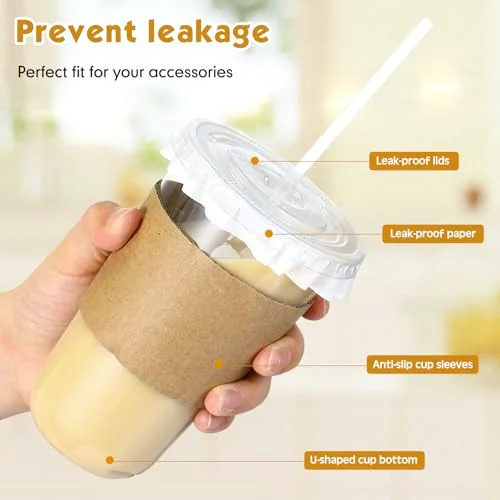 Plastic Coffee Cups with Leak-proof Paper, Cup Sleeves, Lids, and Straws, Disposable PET Cups for Iced Coffee, Cold Drinks, Juice, Smoothie, Milkshake, Cafes, Party() view 9