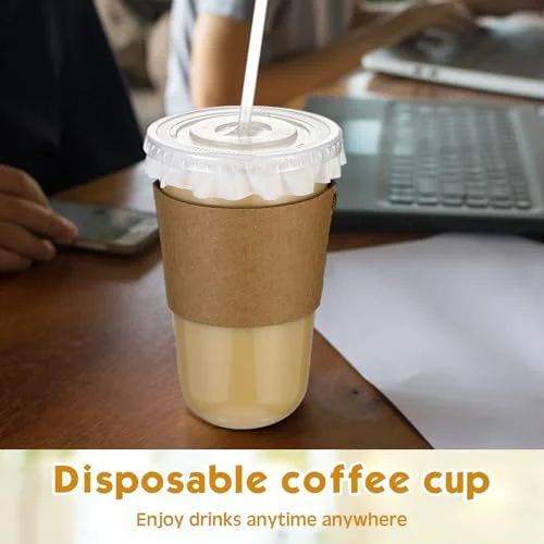 Plastic Coffee Cups with Leak-proof Paper, Cup Sleeves, Lids, and Straws, Disposable PET Cups for Iced Coffee, Cold Drinks, Juice, Smoothie, Milkshake, Cafes, Party() view 10