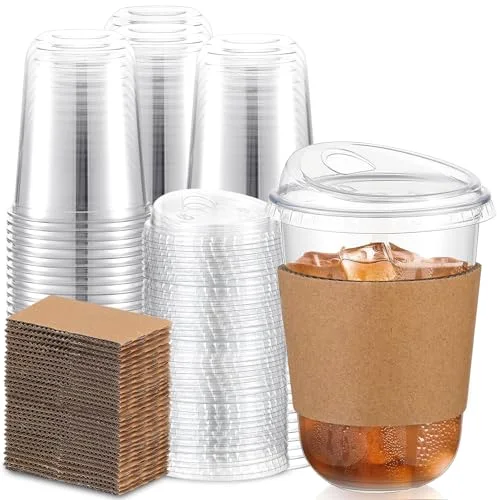 Plastic Coffee Cups with Sip Lids and Cup Sleeve, Disposable Pet Cups for Iced Coffee Cold Beverage, Shops and Party Catering ()