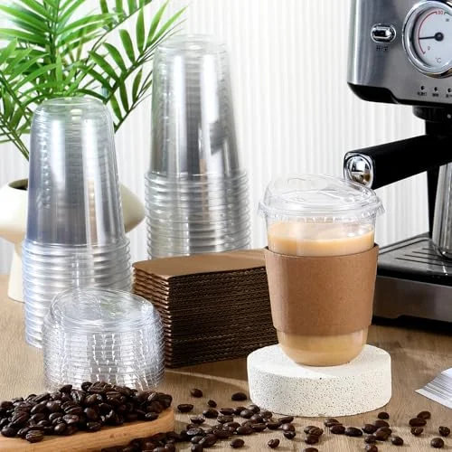 Plastic Coffee Cups with Sip Lids and Cup Sleeve, Disposable Pet Cups for Iced Coffee Cold Beverage, Shops and Party Catering () view 2