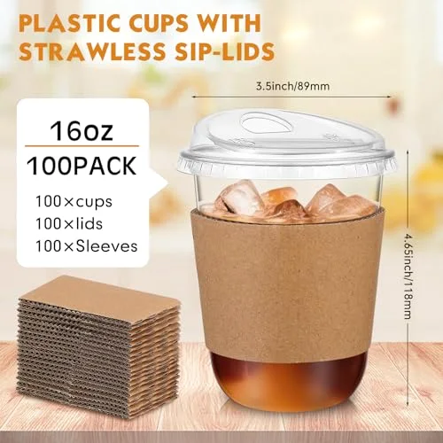 Plastic Coffee Cups with Sip Lids and Cup Sleeve, Disposable Pet Cups for Iced Coffee Cold Beverage, Shops and Party Catering () view 3