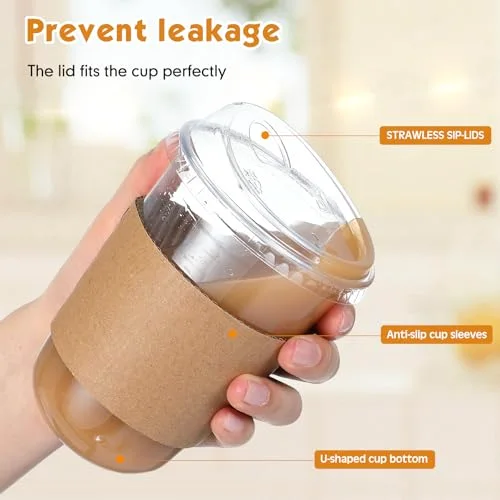 Plastic Coffee Cups with Sip Lids and Cup Sleeve, Disposable Pet Cups for Iced Coffee Cold Beverage, Shops and Party Catering () view 4