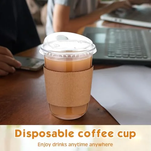 Plastic Coffee Cups with Sip Lids and Cup Sleeve, Disposable Pet Cups for Iced Coffee Cold Beverage, Shops and Party Catering () view 5
