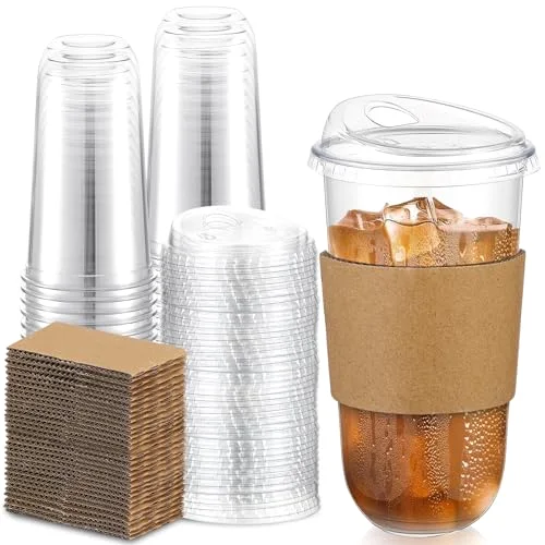Plastic Coffee Cups with Sip Lids and Cup Sleeve, Disposable Pet Cups for Iced Coffee Cold Beverage, Shops and Party Catering () view 6