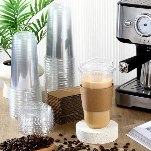 Plastic Coffee Cups with Sip Lids and Cup Sleeve, Disposable Pet Cups for Iced Coffee Cold Beverage, Shops and Party Catering () view 7
