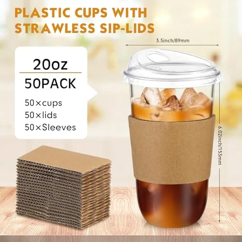 Plastic Coffee Cups with Sip Lids and Cup Sleeve, Disposable Pet Cups for Iced Coffee Cold Beverage, Shops and Party Catering () view 8