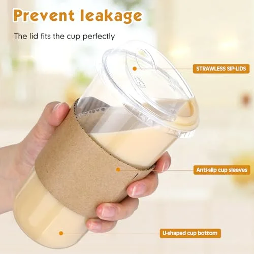 Plastic Coffee Cups with Sip Lids and Cup Sleeve, Disposable Pet Cups for Iced Coffee Cold Beverage, Shops and Party Catering () view 9