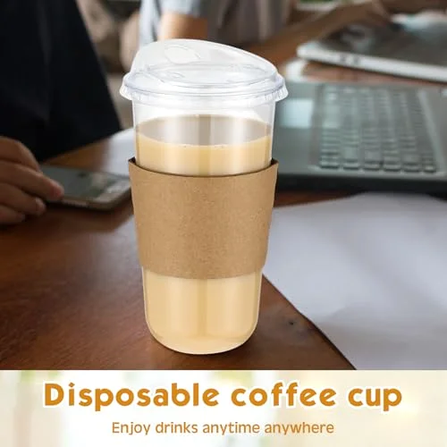 Plastic Coffee Cups with Sip Lids and Cup Sleeve, Disposable Pet Cups for Iced Coffee Cold Beverage, Shops and Party Catering () view 10