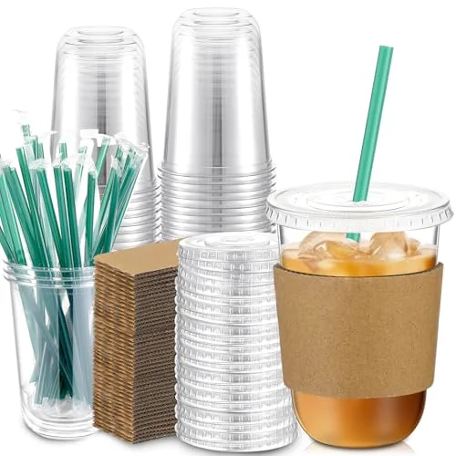 Plastic Cups with Lids and Straws and Cup Sleeve, Disposable Plastic Iced Coffee Cup for Cold Beverage Juice Smoothie Crystal for Coffee Shops Party Catering ()