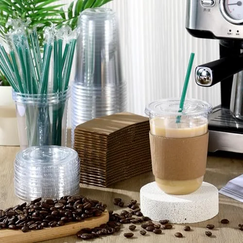 Plastic Cups with Lids and Straws and Cup Sleeve, Disposable Plastic Iced Coffee Cup for Cold Beverage Juice Smoothie Crystal for Coffee Shops Party Catering () view 2