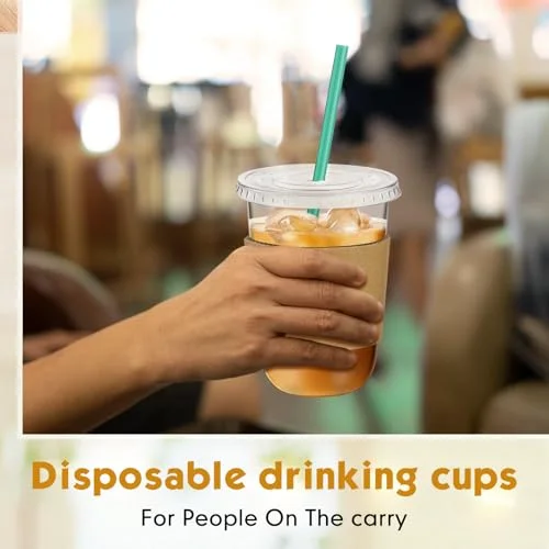 Plastic Cups with Lids and Straws and Cup Sleeve, Disposable Plastic Iced Coffee Cup for Cold Beverage Juice Smoothie Crystal for Coffee Shops Party Catering () view 3