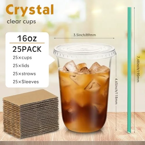 Plastic Cups with Lids and Straws and Cup Sleeve, Disposable Plastic Iced Coffee Cup for Cold Beverage Juice Smoothie Crystal for Coffee Shops Party Catering () view 4