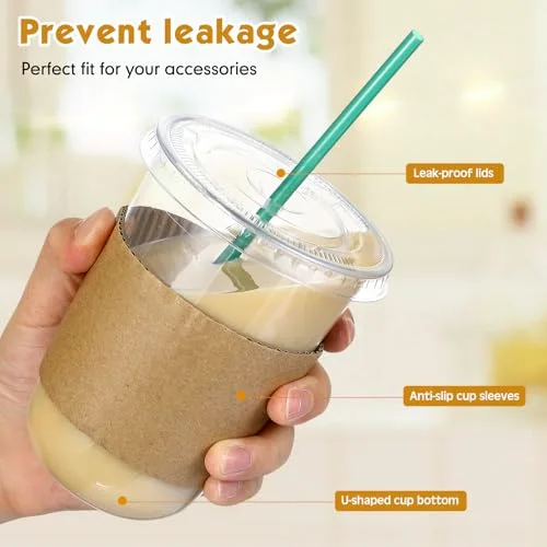 Plastic Cups with Lids and Straws and Cup Sleeve, Disposable Plastic Iced Coffee Cup for Cold Beverage Juice Smoothie Crystal for Coffee Shops Party Catering () view 5