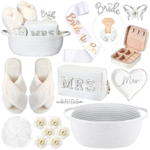 Bride to Be Gift Basket for Bridal Shower, Bridal Box with Basket, Makeup Bag, Slippers, Headband, Sash, Mrs Ring Dish, Jewelry Box and More for Wedding Engagement Gift() view 6