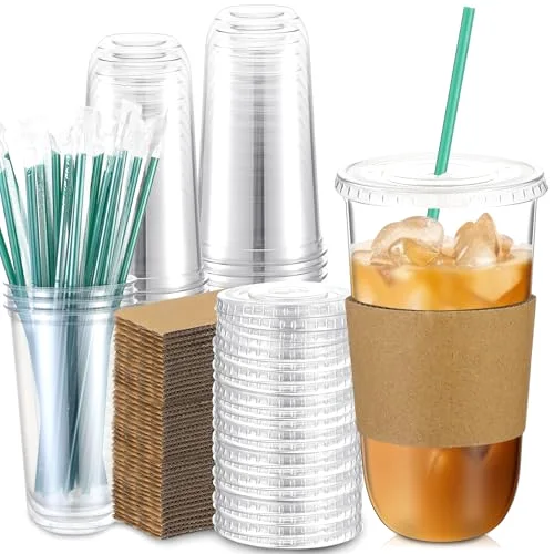 Plastic Cups with Lids and Straws and Cup Sleeve, Disposable Plastic Iced Coffee Cup for Cold Beverage Juice Smoothie Crystal for Coffee Shops Party Catering () view 6
