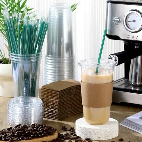 Plastic Cups with Lids and Straws and Cup Sleeve, Disposable Plastic Iced Coffee Cup for Cold Beverage Juice Smoothie Crystal for Coffee Shops Party Catering () view 7