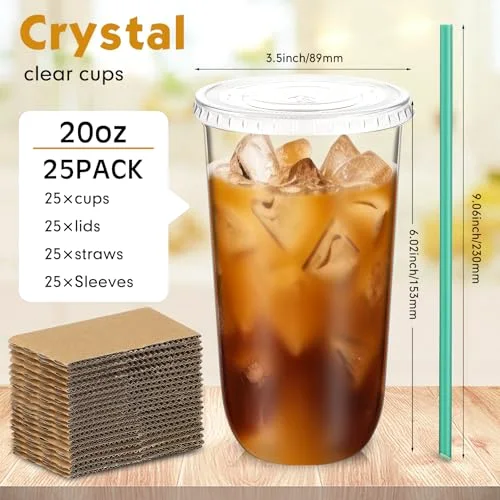 Plastic Cups with Lids and Straws and Cup Sleeve, Disposable Plastic Iced Coffee Cup for Cold Beverage Juice Smoothie Crystal for Coffee Shops Party Catering () view 8