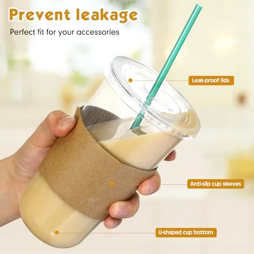 Plastic Cups with Lids and Straws and Cup Sleeve, Disposable Plastic Iced Coffee Cup for Cold Beverage Juice Smoothie Crystal for Coffee Shops Party Catering () view 9