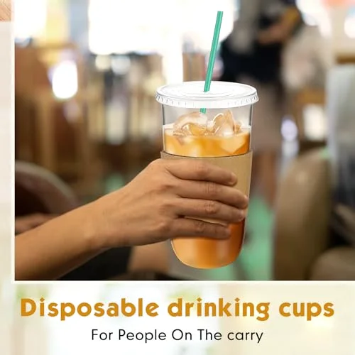 Plastic Cups with Lids and Straws and Cup Sleeve, Disposable Plastic Iced Coffee Cup for Cold Beverage Juice Smoothie Crystal for Coffee Shops Party Catering () view 10
