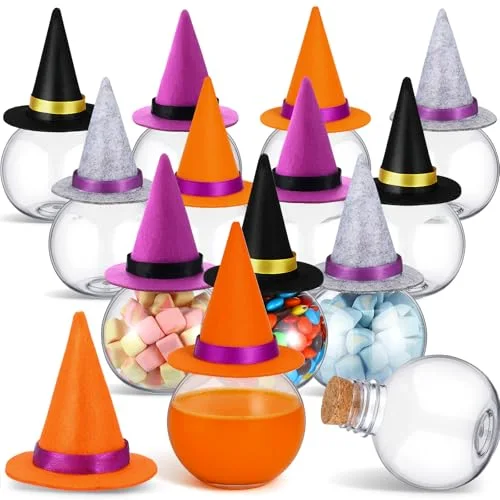 Spherical Plastic Potion Bottles with Hat Ball Shape Round Bottles for Drink Candy Jar Halloween Table Decoration DIY Crafts Gifts (4 Colors)