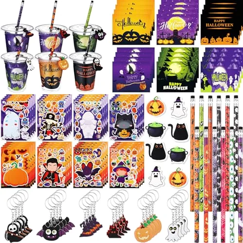 Halloween Gifts Party Favors Cups Filler Halloween Party Supplies Goody Cups Pencil Keychain Eraser Sticker Card for Trick or Treating Spooky Themed Parties Gifts Prizes Rewards