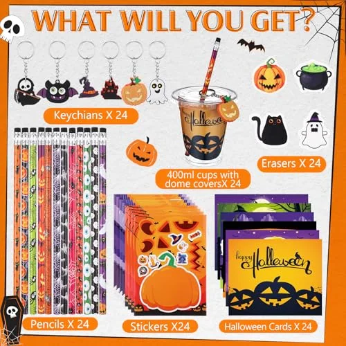Halloween Gifts Party Favors Cups Filler Halloween Party Supplies Goody Cups Pencil Keychain Eraser Sticker Card for Trick or Treating Spooky Themed Parties Gifts Prizes Rewards view 2