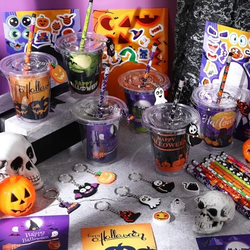 Halloween Gifts Party Favors Cups Filler Halloween Party Supplies Goody Cups Pencil Keychain Eraser Sticker Card for Trick or Treating Spooky Themed Parties Gifts Prizes Rewards view 3