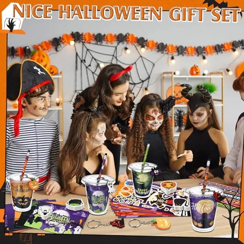 Halloween Gifts Party Favors Cups Filler Halloween Party Supplies Goody Cups Pencil Keychain Eraser Sticker Card for Trick or Treating Spooky Themed Parties Gifts Prizes Rewards view 4