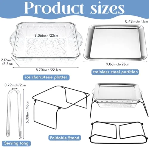 2 Tier Serving Trays Set 9 Chilled Serving Tray with Compartments Square with Foldable Tie Trays Stand Ice Chilled Charcuterie Platter for Parties Shrimp Seafood Appetizer (Classic) view 2