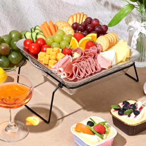 2 Tier Serving Trays Set 9 Chilled Serving Tray with Compartments Square with Foldable Tie Trays Stand Ice Chilled Charcuterie Platter for Parties Shrimp Seafood Appetizer (Classic) view 3