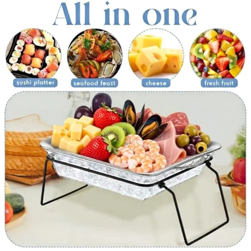2 Tier Serving Trays Set 9 Chilled Serving Tray with Compartments Square with Foldable Tie Trays Stand Ice Chilled Charcuterie Platter for Parties Shrimp Seafood Appetizer (Classic) view 5