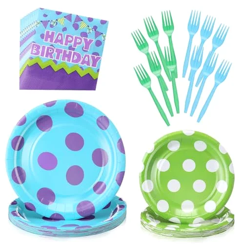 Monster Birthday Party Supplies Monster Plates Napkins and Forks Birthday Party Table Decorations Disposable Cake Tableware Set for 24 Guests