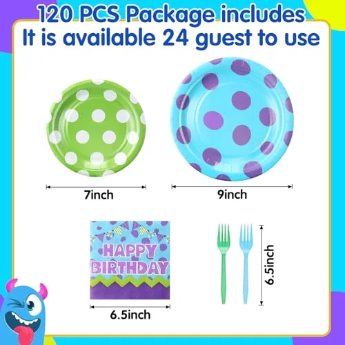 Monster Birthday Party Supplies Monster Plates Napkins and Forks Birthday Party Table Decorations Disposable Cake Tableware Set for 24 Guests view 2
