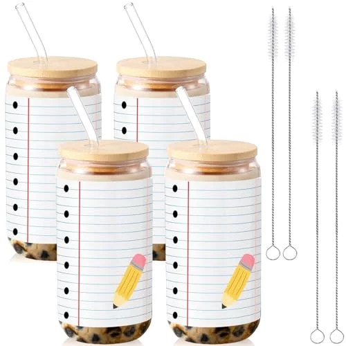 Back to School Teacher Gifts Glass Cups Drinking Tumbler with Lids and Straws Coffee Cups Bulk First Day of School Gifts for Women (,Notebook Line)