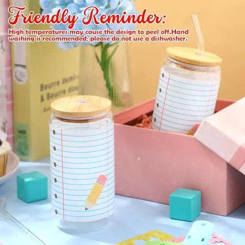 Back to School Teacher Gifts Glass Cups Drinking Tumbler with Lids and Straws Coffee Cups Bulk First Day of School Gifts for Women (,Notebook Line) view 2