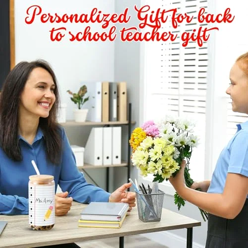 Back to School Teacher Gifts Glass Cups Drinking Tumbler with Lids and Straws Coffee Cups Bulk First Day of School Gifts for Women (,Notebook Line) view 3