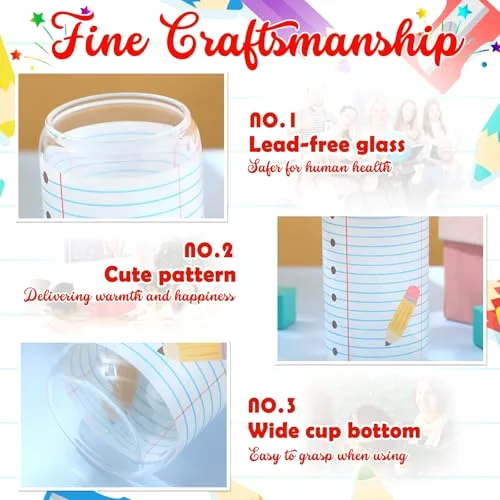 Back to School Teacher Gifts Glass Cups Drinking Tumbler with Lids and Straws Coffee Cups Bulk First Day of School Gifts for Women (,Notebook Line) view 5
