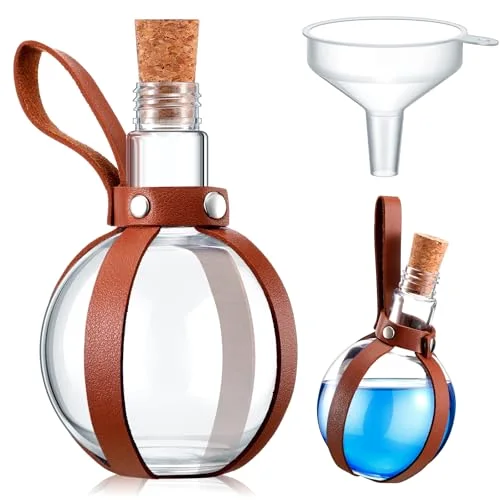 Plastic Potion Bottle for Drinks Round Spherical Bottle with Cork Stopper Wizard Potion Jar Kit Cosplay Accessories with Leather Belt Candy Jar for Party Decorations(Coffee)