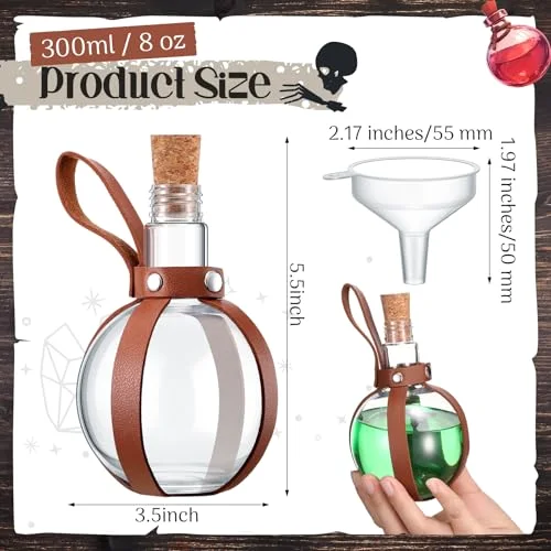 Plastic Potion Bottle for Drinks Round Spherical Bottle with Cork Stopper Wizard Potion Jar Kit Cosplay Accessories with Leather Belt Candy Jar for Party Decorations(Coffee) view 2