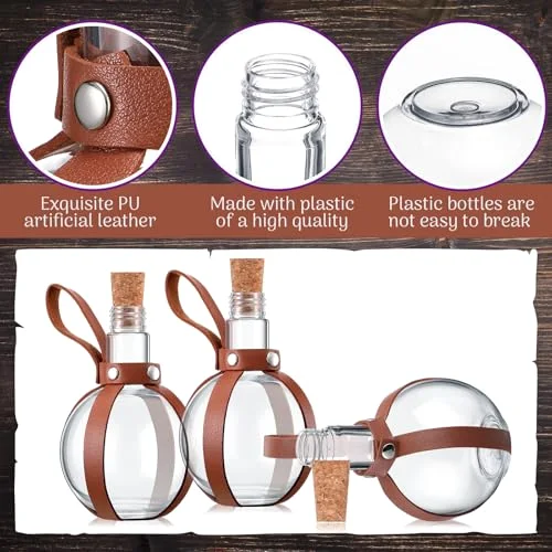 Plastic Potion Bottle for Drinks Round Spherical Bottle with Cork Stopper Wizard Potion Jar Kit Cosplay Accessories with Leather Belt Candy Jar for Party Decorations(Coffee) view 3